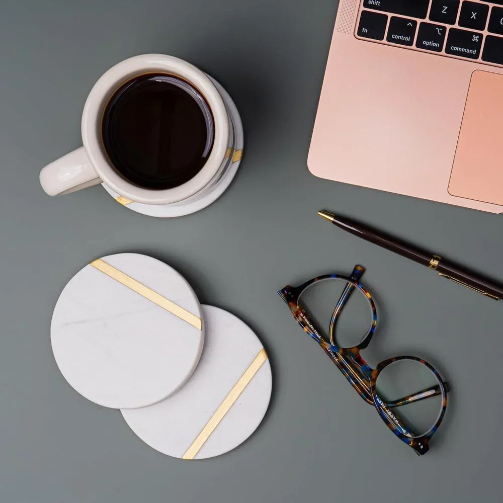Marble Coasters Set of 6 - Luxury Aesthetic Modern Decor for Coffee Table- White